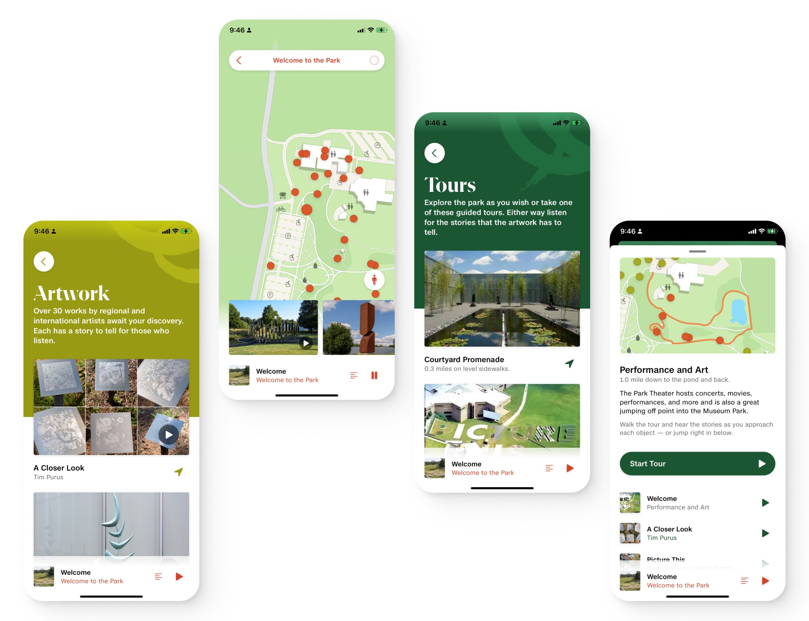 Screenshots of app map, tours, and artwork